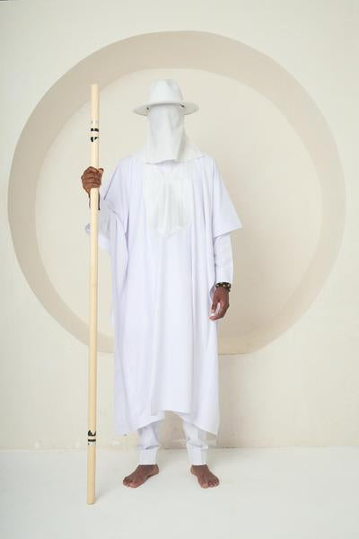 WHITE SPIRIT (Structured Agbada Dress with Sculptural Hat & Embroidered Chest Panel)