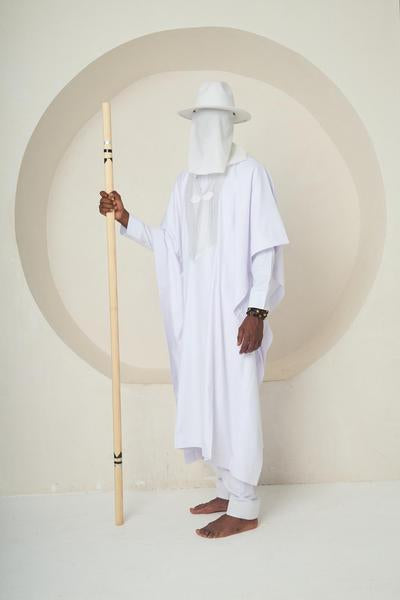 WHITE SPIRIT (Structured Agbada Dress with Sculptural Hat & Embroidered Chest Panel)