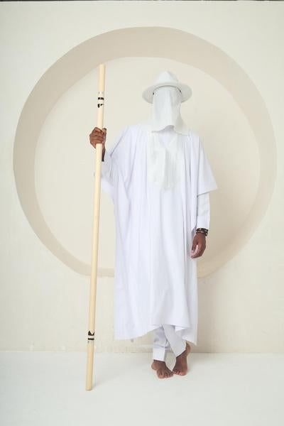 WHITE SPIRIT (Structured Agbada Dress with Sculptural Hat & Embroidered Chest Panel)