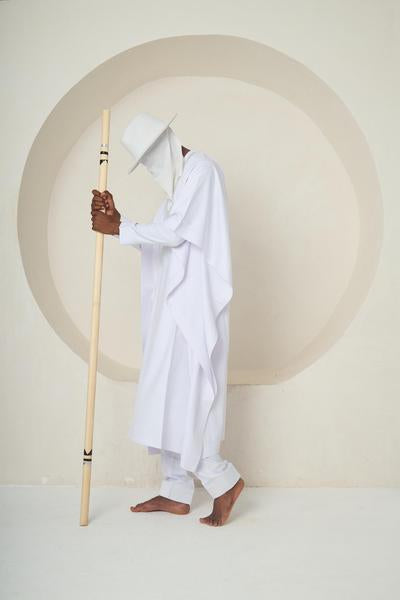 WHITE SPIRIT (Structured Agbada Dress with Sculptural Hat & Embroidered Chest Panel)