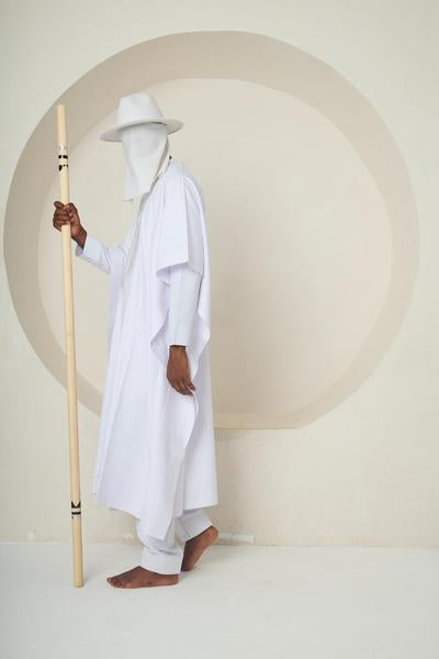 WHITE SPIRIT (Structured Agbada Dress with Sculptural Hat & Embroidered Chest Panel)