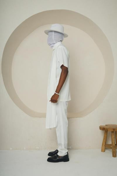 WHITE PRESENCE (Monochrome Relaxed Suit with Shoulder Drape)