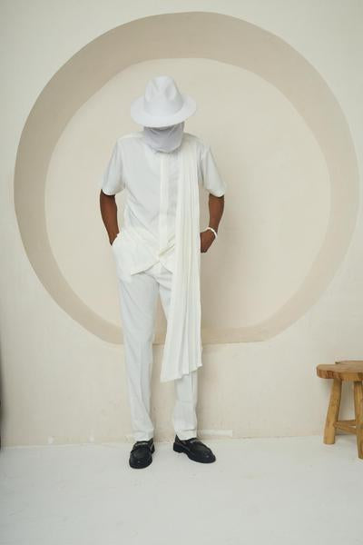 WHITE PRESENCE (Monochrome Relaxed Suit with Shoulder Drape)